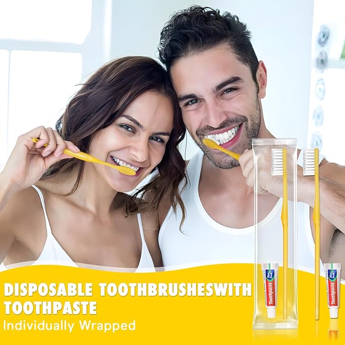 HOFASON Disposable Toothbrushes Pack of 50, Yellow Hollow Travel Toothbrush Set with Individually Wrapped Toothpaste for Homeless, Nursing Home, Shelter, Hotel
