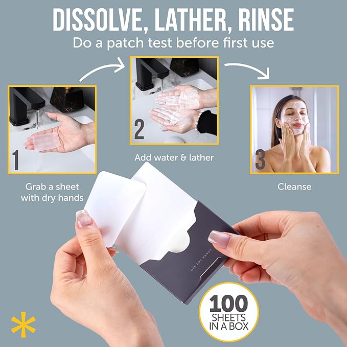 Glycolic Acid Soap Sheets - 100 Exfoliating Peel Face Wash - Travel Size Facial Cleanser with Vitamin C, Retinol, Kojic Acid, Collagen - Anti Aging and Minimizes Pores and Scars - 2 Pack