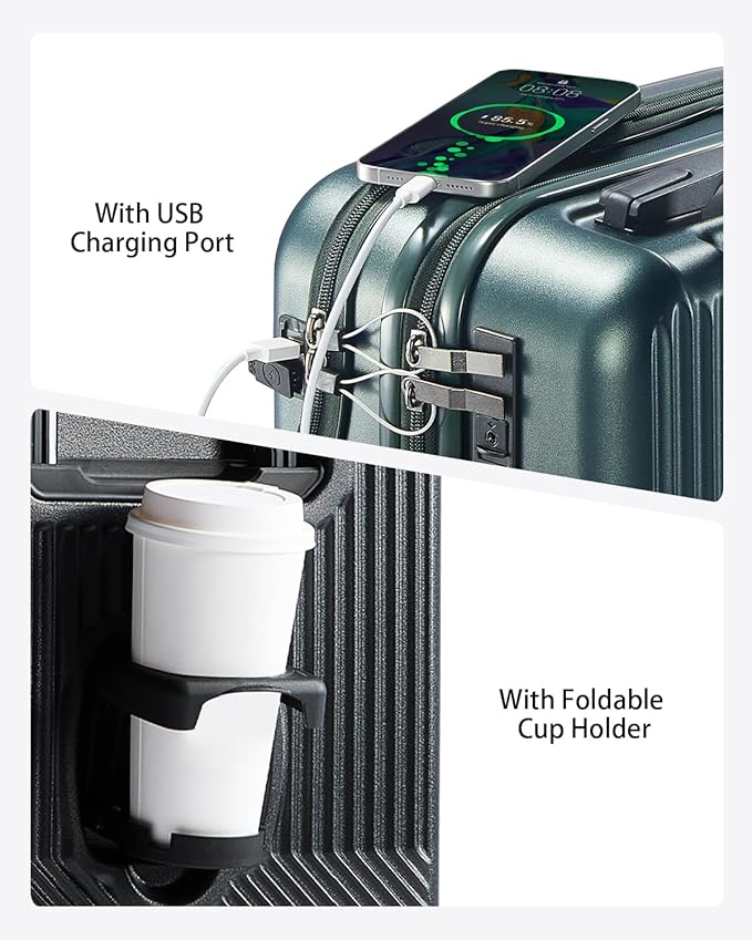 UrbanExplorer 20 Inch Carry-On Luggage with Front Opening, Cup Holder & USB Port, Lightweight ABS+PC Hardshell Spinner Suitcase, Airline Approved, 360° Wheels, Sliver