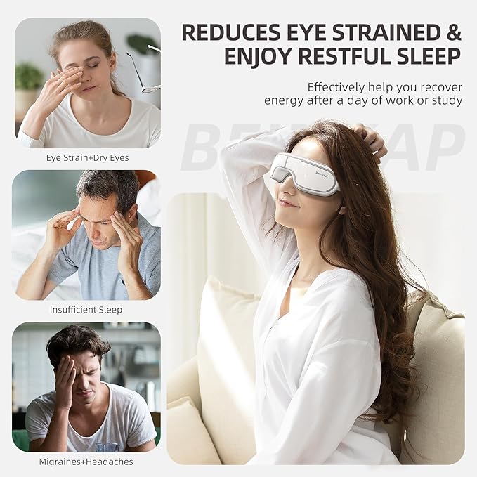 Eye Massager with Heat, Music, Compression, Adjustable Sleep Mask Massage Holiday Birthday Gifts for Women Men, Eye Massager for Migraine Reduce Stye Eye, Eye Strain Relief, Improve Sleep