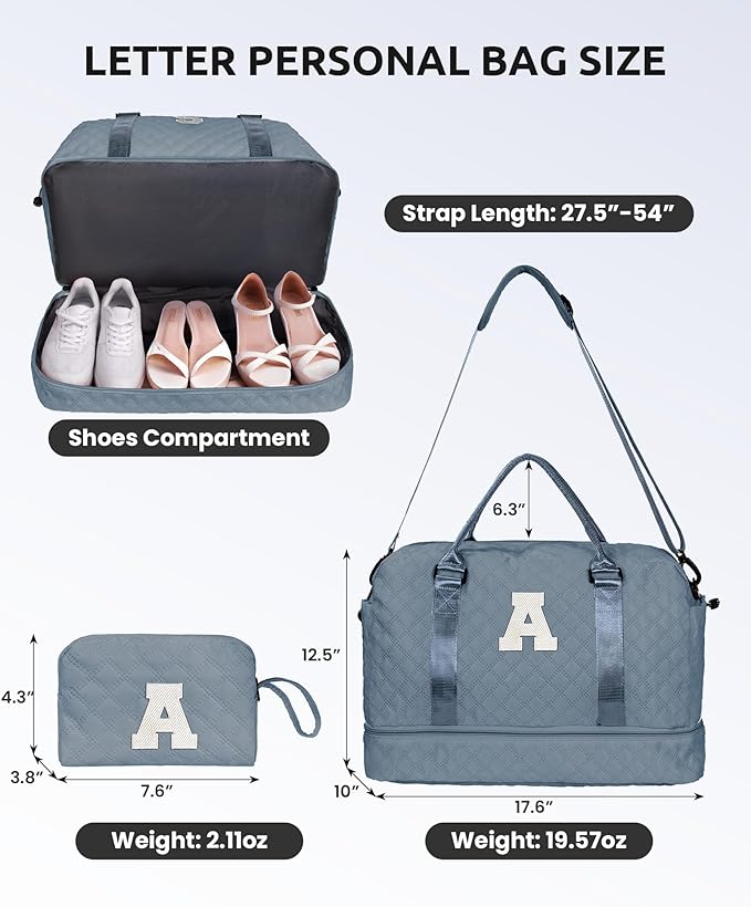 Personalized Weekender Bag for Women With Shoe Compartment, Monogram Overnight Travel Bag, Makeup Bag Included - Gifts for Daughter, Sister, Friend, Girlfriend (Letter M)