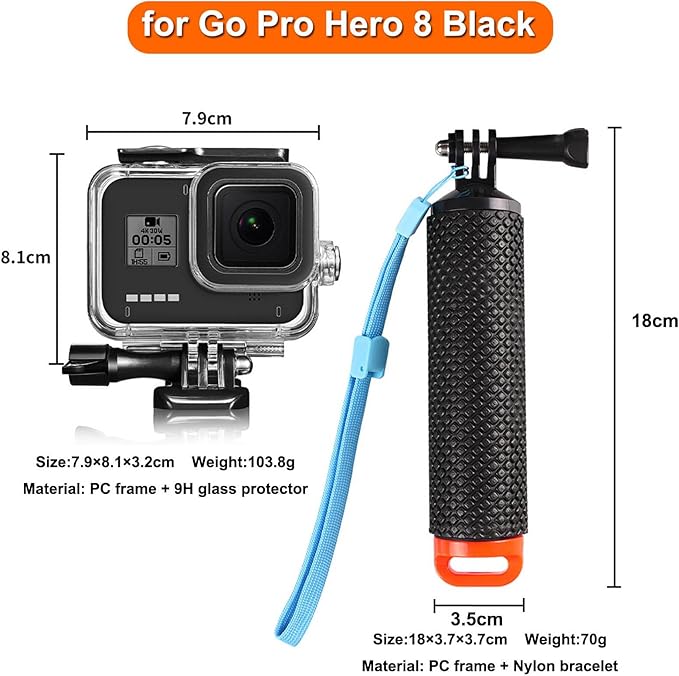 Compatible for Go Pro Hero 8 Black Waterproof Housing Case 60M/196FT Protective Underwater Diving Case Shell with Cameras Handle Mount Accessories Kit