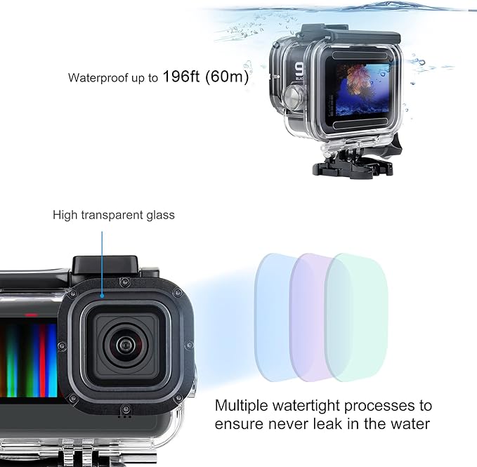 SOONSUN Waterproof Case for GoPro Hero 13 12 11 10 9 Black,196FT/60M Underwater Protective Diving Housing with Accessories, Built-in Dual Cold Shoe Mount to Connect Video Light and Microphone