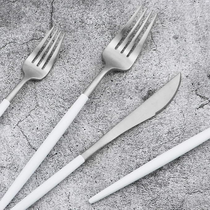 Gugrida 20-Piece 18/10 Stainless Steel Flatware Silverware, Luxury Dinnerware Set Travel Cutlery Tableware Include Knife Fork Spoon Service for 4, Dishwasher Safe (White Handle Matte Silver)