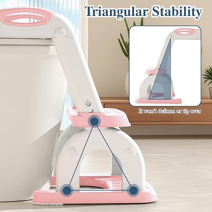 Potty Training Seat for Toddlers, Adjustable Height 2-in-1 Potty Training Toilet Ladder for Kids Boys Girls with Splash Guard, Waterproof Cushion, Anti-Slip Pad Step Stoo - Pink