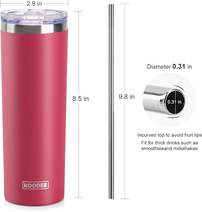 koodee 20 oz Tumbler with Lid and Straw-2 Pack Stainless Steel Double Wall Insulated Skinny Tumbler-Travel Beach Coffee Mug Tumbler for Women/Men (Wine Red-Teal)