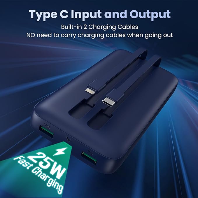 Portable Charger 40,800mAh Power Bank, 25W PD QC 4.0 Fast Charging Portable Phone Charger with Built-in Cables,LCD Display USB C Battery Pack Compatible with iPhone 16/15/14,Android Samsung (Blue)