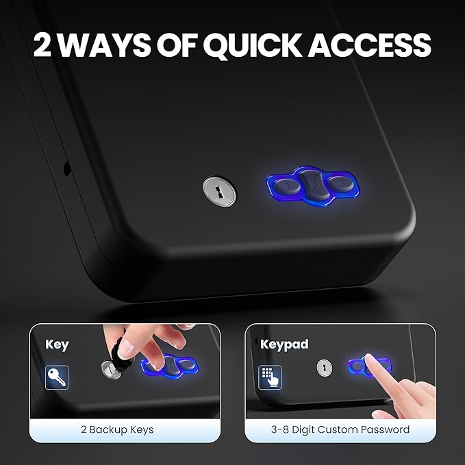Portable Pistol Safes – Electronic Lock Box & Key Access, Silent Mode, Compact Car Gun Safe for Handgun, Small Single Safe for Travel, Office, Dorm Use