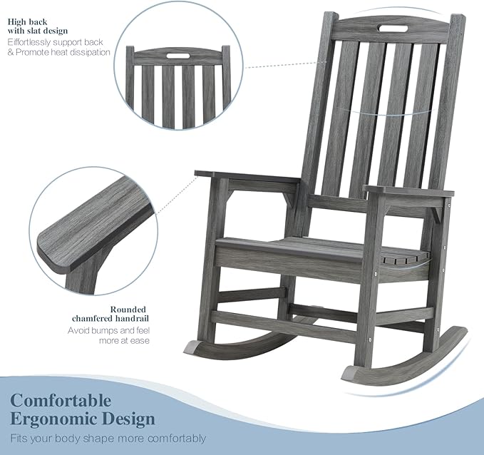 Psilvam Outdoor Rocking Chair Set of 2, Poly Lumber Oversized Rocking Chair with 21" Wide Seat and 32" Tall Backrest, Pre-Assembled with Most Components for Effortless Installation(Dark Gray)
