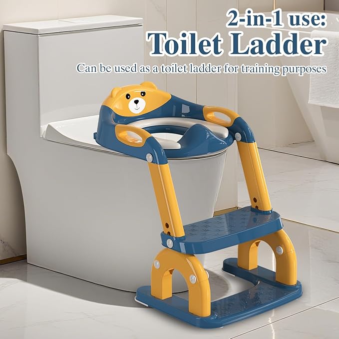 Potty Training Seat for Toddlers, Adjustable Height 2-in-1 Potty Training Toilet Ladder for Kids Boys Girls with Splash Guard, Waterproof Cushion, Anti-Slip Pad Step Stoo - Dark Blue