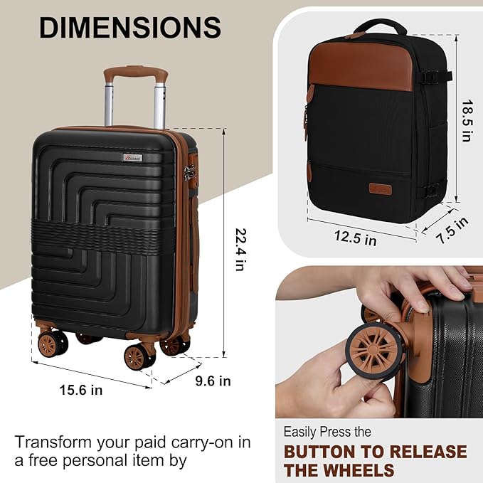 Romswi Luggage Sets 2 Piece 22In, Expandable 22x14x9 Carry On Luggage with Travel Backpack, PC+ABS Hardside Suitcase Set with TSA Lock, Durable Carry On Suitcase with Spinner Wheels for Men Black