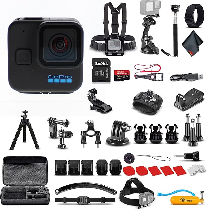 GoPro HERO11 (Go Pro Hero11) Black Mini - Waterproof Action Camera with 5.3K Ultra HD Video, 24.7MP Photos, 1/1.9" Sensor, Stabilization + 50-in-1 Accessory Kit + 64GB Card + More