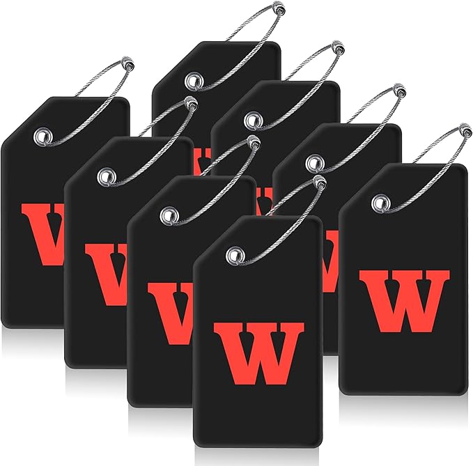 8 Pcs Luggage Tags for Suitcases, 26 Initial Letter Travel Luggage Baggage Identification Labels ID Tags Fully Bendable Tags with Stainless Steel Loop (Letter W, Black)