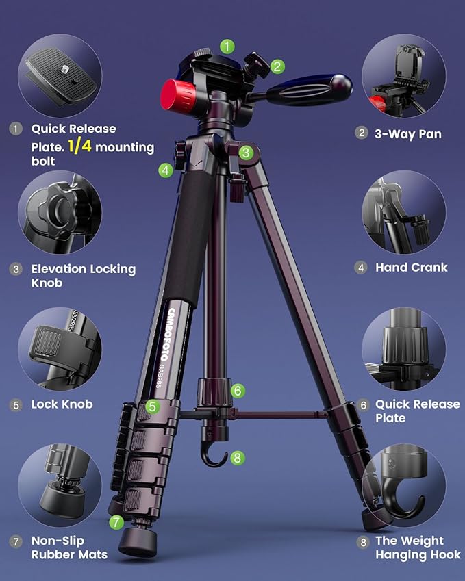 74"-Camera-Tripod, Porfessional Aluminum Heavy Duty Tripod Stand for Mirrorless Camera/DSLR/Cell Phone/Camcorder, with Holder and Travel Bag