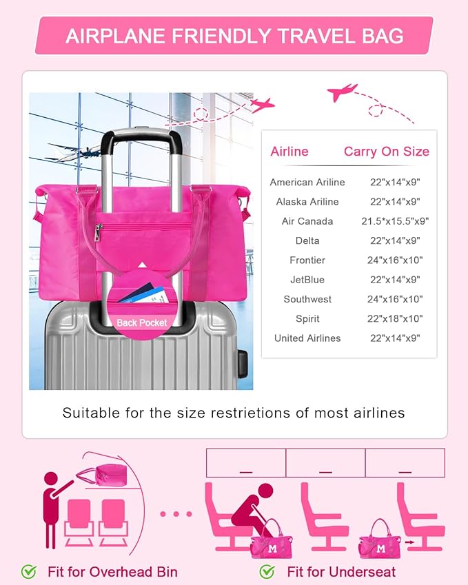 Overnight Bag for Kids Teen Girls Weekender Dance Bag Birthday Graduation Gifts,Initial Travel Duffel Bag Sports Gym Bag Personalized Weekender Bag Carry On Bags Preppy Gifts for Women(Hot Pink, M)