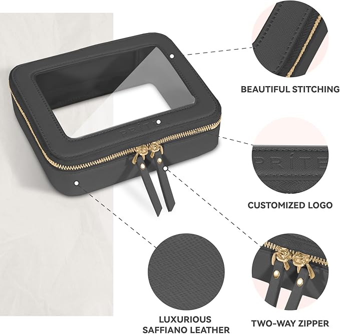 Prite Clear Makeup Bag Cosmetic Organizer Case Waterproof Travel Toiletry Bag Skincare Pouch with Golden Zipper(Black)