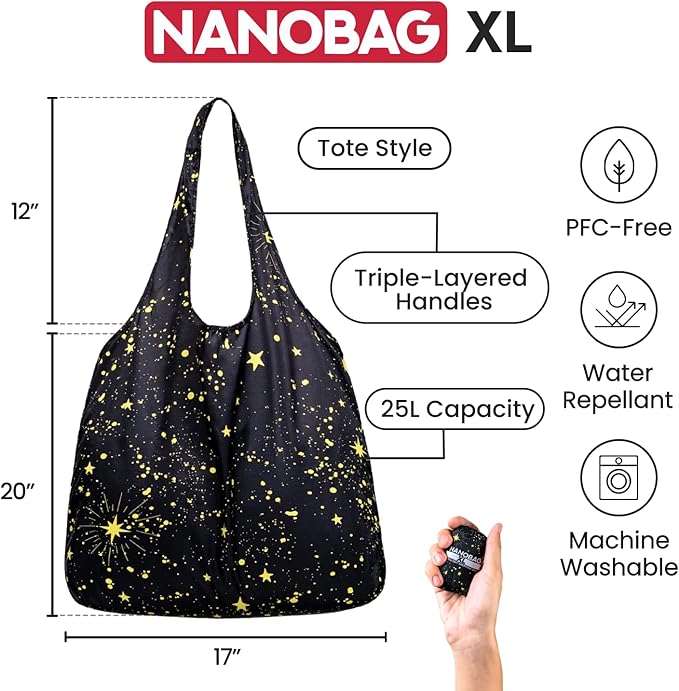 Nanobag Ultra-Lightweight Heavy Duty Foldable Tote for Women & Men, Reusable Grocery & Travel Bag, Packable Collapsible Compact Market Essential (XL Gray)