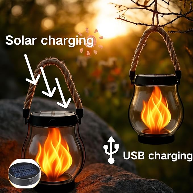 Solar Lantern Outdoor Lights, Flickering LED with Hemp Rope Handle, Dual Charging (Solar & USB), Water-Resistant Hanging Decor for Garden, Yard, Patio, Porch, Pathway, Camping (2)