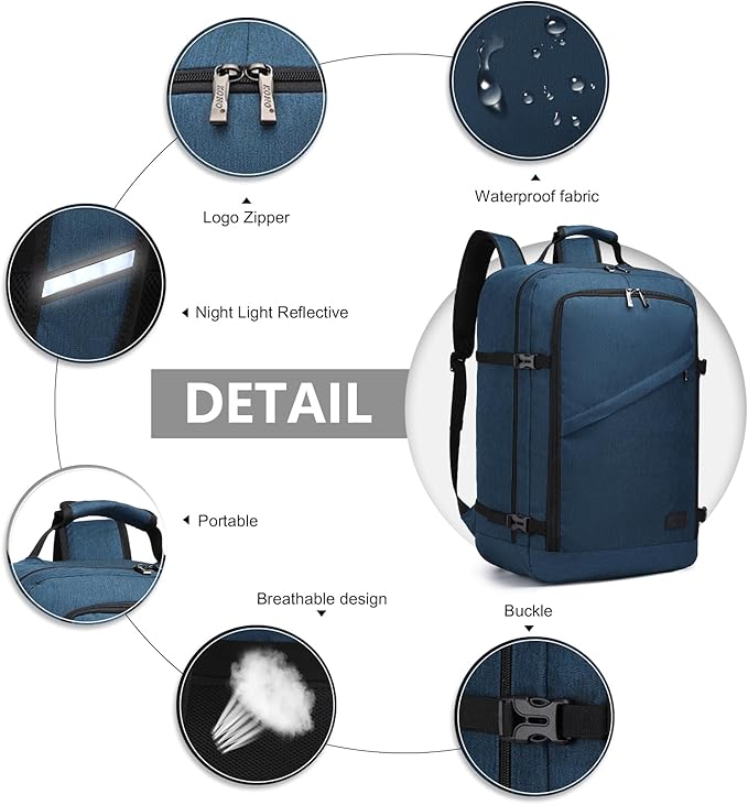 Kono Carry on Backpack, 22" Airplane Approved Travel Backpack for Men and Women, Waterproof Lightweight Daypack for Flight 40L (Navy, Large)