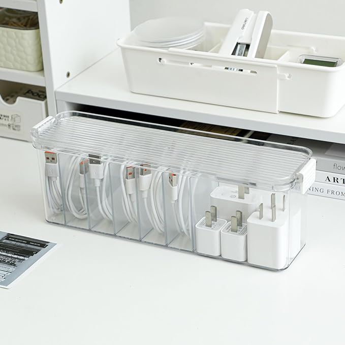 Yesesion 4 Pack Clear Cable Storage Box for Desk Drawer, Plastic Cord Organizer with Lid for Wire Ties, Electronics Accessories, Phone Charger, Art Crafts, Pencils, Marker Pen, Crayons Holder