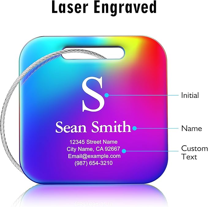 Luggage Tags for Suitcase - Engraved Black Personalized Stainless Steel Metal Tag - Custom Name Tags Suitable for Bags and Backpacks