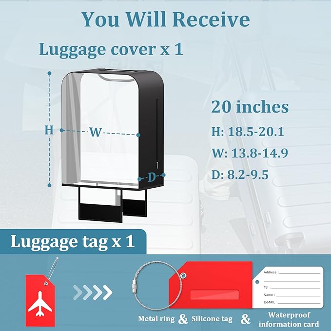 Upgraded Clear TPU Suitcase Cover Protector with Stretchable Black Sides, Fit 20 Inch Carry On Luggage TSA Approved, Waterproof & Anti-Scratch, Includes Free Red Luggage Tag