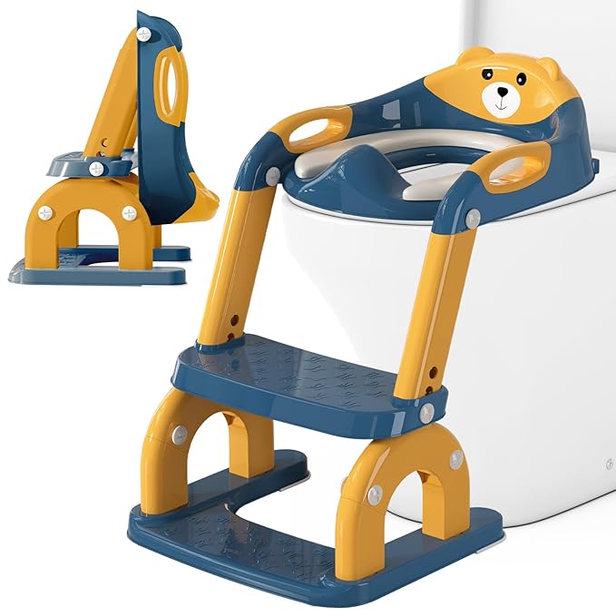 Potty Training Seat for Toddlers, Adjustable Height 2-in-1 Potty Training Toilet Ladder for Kids Boys Girls with Splash Guard, Waterproof Cushion, Anti-Slip Pad Step Stoo - Dark Blue
