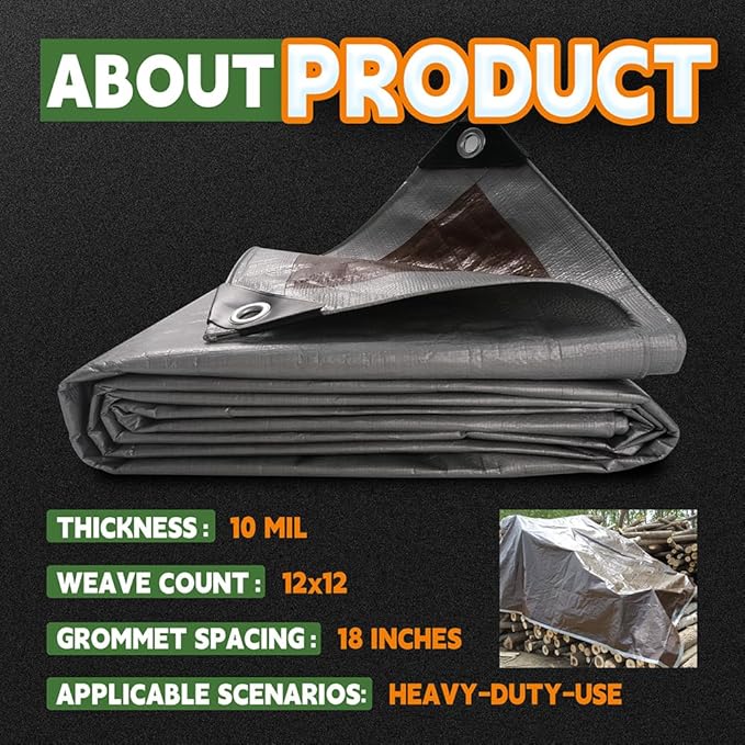 Tarps Heavy Duty Waterproof 6x8 Feet (2 Pack), 10Mil Multipurpose Tarp Cover with Metal Grommets and Reinforced Edges, Silver/Brown Tarp by RAINDEWAY