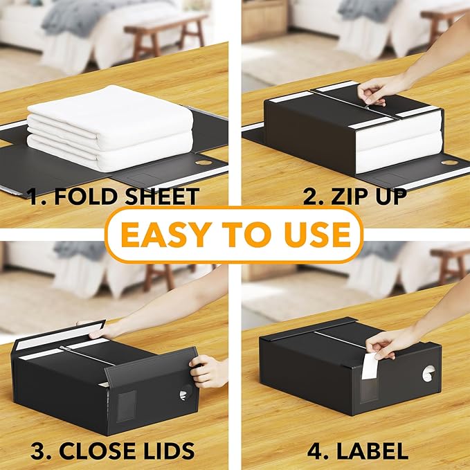 SpaceAid 12 Pack Bed Sheet Organizers and Storage, Foldable Sheet Organizer for Linen Closet, Set Folder Keeper with Window XL (Queen & King Size) Bedding Container (Black)
