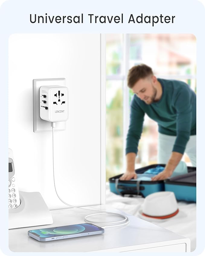 LENCENT Universal Travel Adapter, GaN III 45W International Charger with 3 USB Ports & 2 USB-C PD Fast Charging Adaptor, Worldwide Wall Charger for iPhone,Laptops, USA/UK/EU/AUS (White-45W)
