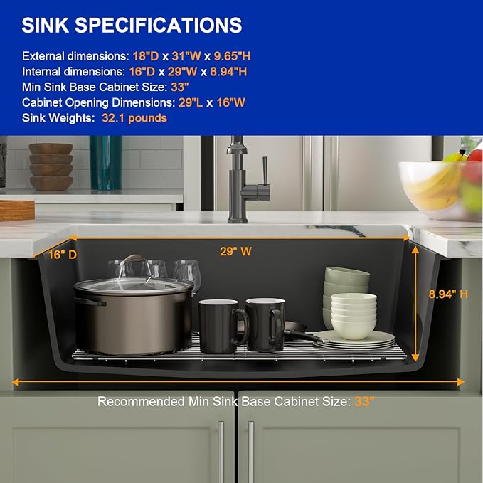 Dcolora 31 Inch Quartz Composite Black Kitchen Sink Undermount Sink Deep Single Bowl, 31"x18" Round Corner, DC-GU7748