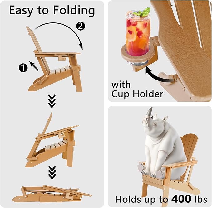 Folding Adirondack Chair - Extended Ergonomic Backrest, Cup Holder - Easy Assembly - Durable HDPE Plastic, Weather Resistant & Maintenance-Free - Lawn, Patio, Deck Supports 380lbs Teak