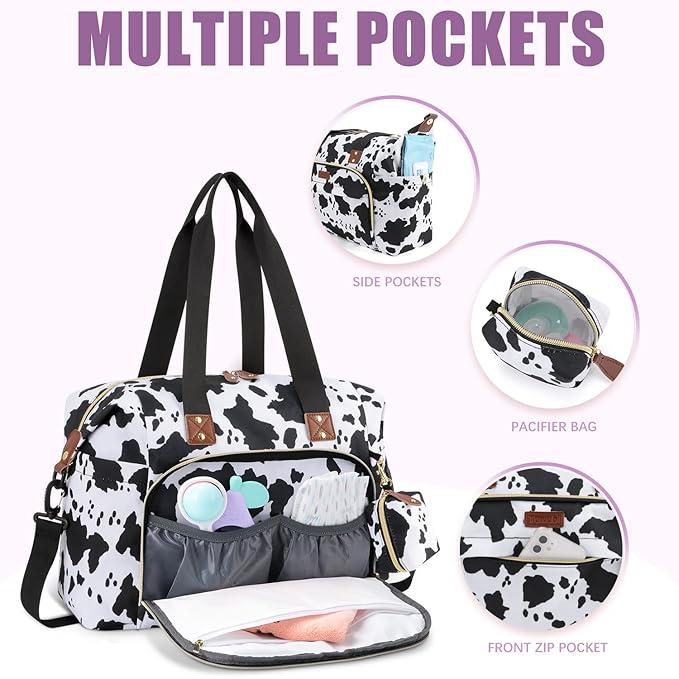 Tuwubi Diaper Bag Tote,Baby Diaper Bag with Pacifier Case Large Travel Diaper Tote Caddy for Mom and Dad Multifunction Large Baby Bag - M-Cow Print