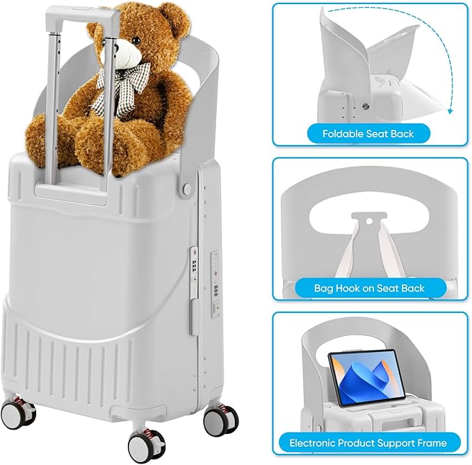 TABU 20" Ride-on Luggage with Seat，Front Opening Carry-On Hardshell Ride On Suitcase with Built-in Charging Port, 360° Lockable Spinner and TSA Lock, for Kids & Adults, White