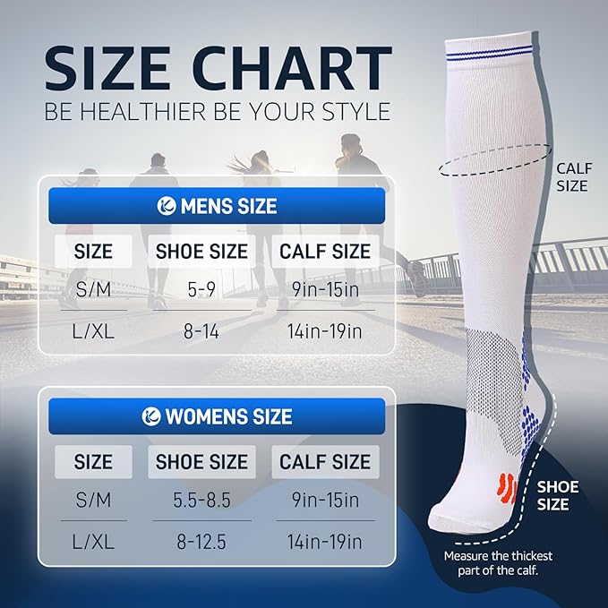 Kickticks 4 Pairs Compression Socks for Woman & Man Unisex 20-30mmHg Knee high Plus Size Wide Calves for Flying Running…