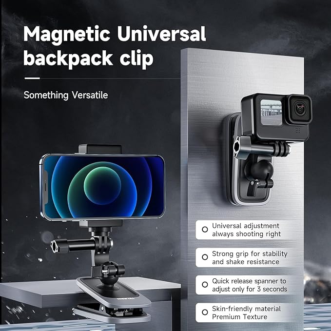 TELESIN Magnetic Mount, 360° Rotating Backpack Clip with Phone Holder for Go Pro iPhone Accessories for Hero 13 12 11 10 Akaso Insta360 X5 X4 X3 Ace Pro 2 DJI Action 5 Pro 4 3 Pocket 3 Bike Motorcycle