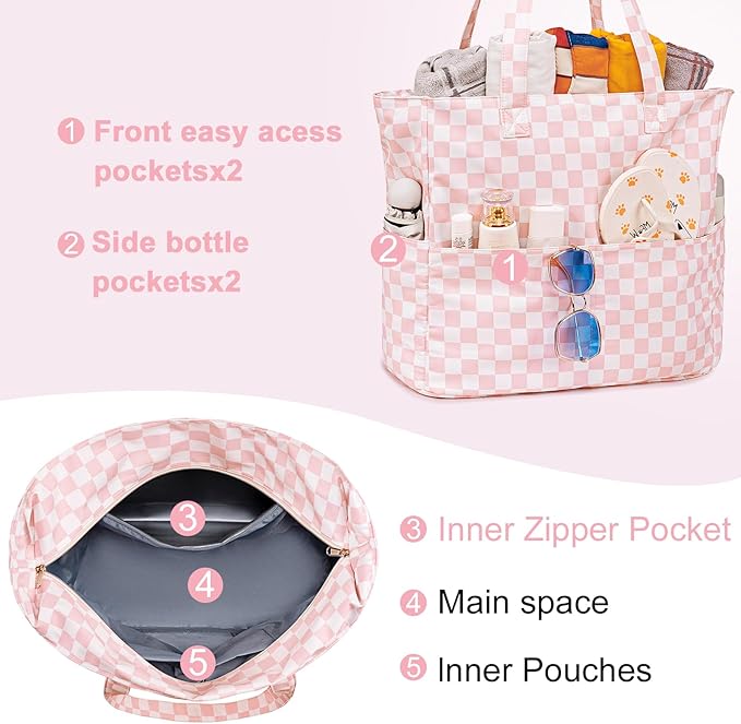 LEDAOU Large Beach Tote Bag Women Waterproof Sandproof Zipper Beach Tote Bag for Pool Gym Grocery Travel with Wet Pocket