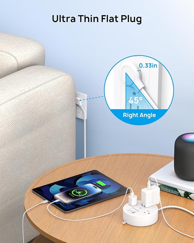 TROND 20W USB C Travel Power Strip - Retractable Extension Cord 5ft Ultra Thin Flat Plug, Power Strip with 3 AC Outlets and USB C Fast Charging, Cruise Ship Essentials, for Home Hotel Dorm Room, White