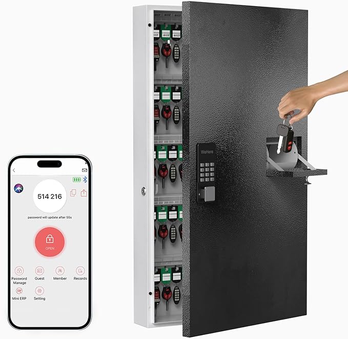 WeHere 104 Keys Lock Box Wall Mount with Key Drop Slot, APP Bluetooth/OTP/Wi-Fi/Fixed Code/Key Unlock, Smart Large Key Cabinet Key Return Box for Hotel,Car Dealerships,Realtors,Office