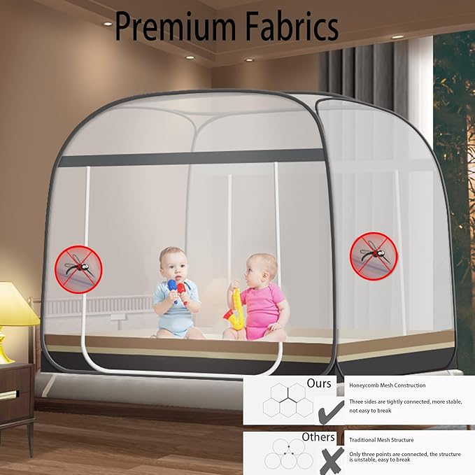 CMINGJ Mosquito Net for Bed, Portable pop up Mosquito Netting with Bottom, Free Installation-Suitable for Bedroom, Camping, Folding Portable Design for Baby Adults (Gray & Gray Bottom Edge)