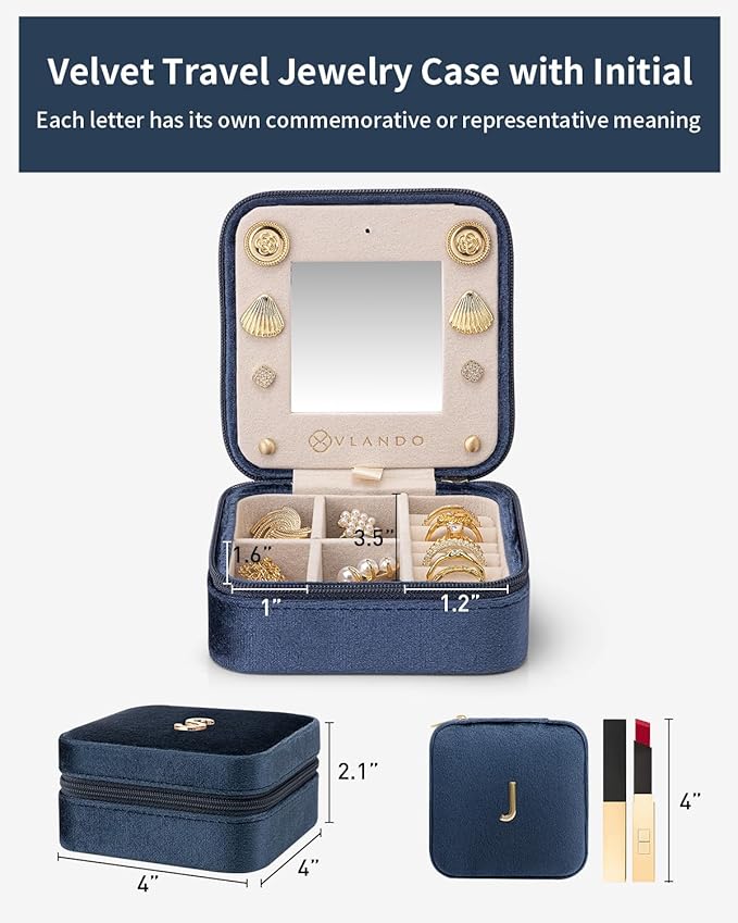 Vlando Birthday Gifts for Women Friendship, Personalized Initial Jewelry Box, Friendship Gifts for Women Friends, Travel Essentials Small Jewelry Box, Travel Box for Girls - Letter J, Dark Blue