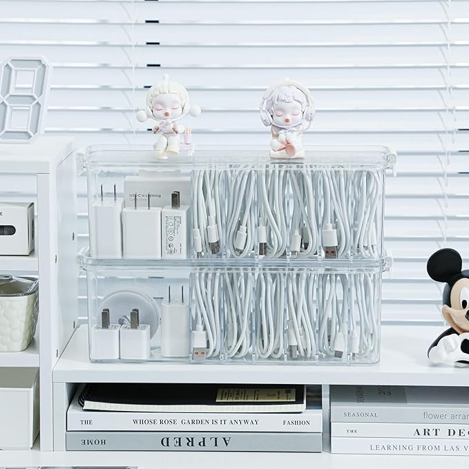 Yesesion Plastic Cable Organizer Box with 7 Compartments, Clear Cords Storage Case for Desk Drawer Accessories, Phone Charger, Art Crafts, Stationery Holder for Marker Pen, Pencils, Crayons