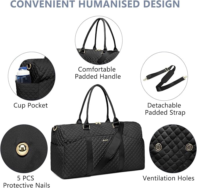 Weekender Travel Duffle Bag for Women - Overnight Bags with Wet Pocket Toiletry Bags Carry on Bag with Shoe Compartment Weekend Yoga Gym Traveling Hospital Bags for Labor and Delivery Black