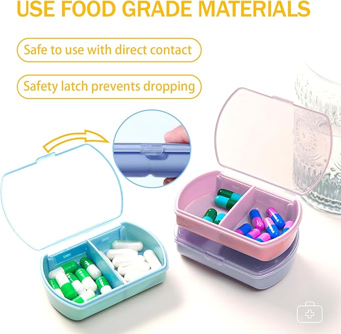 2PCS Small Pill Case Travel Pill Box Cute Pill Organizer for Purse Portable Daily Medicine Organizer 2 Compartment Pill Holder for Vitamins, Fish Oil, Supplements