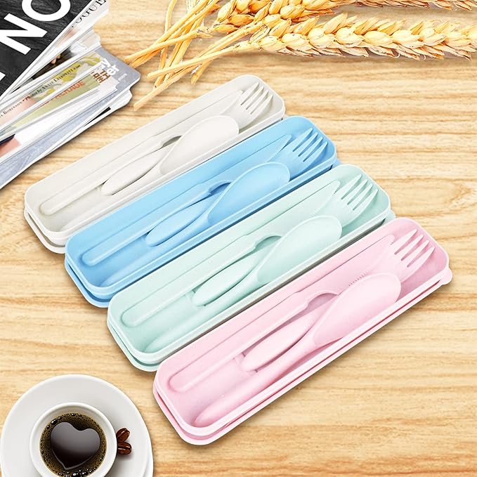 Reusable Travel Utensils Set with Case, Blue Wheat Straw Portable Knife Fork Spoons Tableware, Eco-Friendly BPA Free Cutlery for Kids and Adults as Travel Picnic Camping Utensils