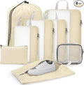 Gonex 8 Set Expandable Mesh Packing Cubes for Travel Essentials, Compression Organizer with Toiletry, Laundry, Shoe, Cable Bags - Beige