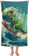 WZOMT Kids Dinosaur Beach Towel, Microfiber Dinosaurs Towels for Boys Toddler, Funny Green Dinosaur Surfing on Blue Wave Ocean Dino Bath Towel for Swim Pool Travel, Oversized 32x52 Inch