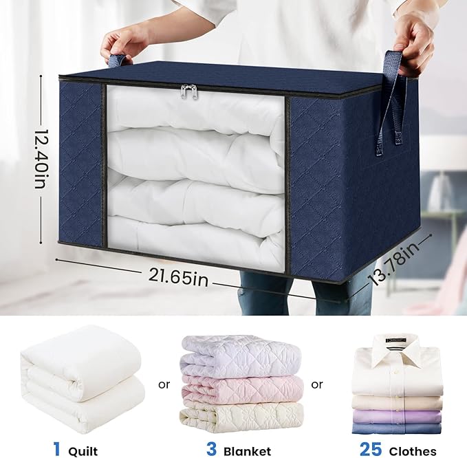 Fab totes 10 Pack Clothes Storage, Foldable Thick Fabric Blanket Storage Bags, Containers for Organizing Bedroom, Closet, Clothing, Comforter,Closet Organization with Handle,Blue