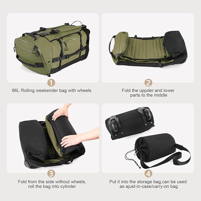 Rolling Duffle Bag with Wheels,86L 30”Folding Duffle Backpack with 2 Wheels,Travel Bag with Separate Shoe Compartment,Green