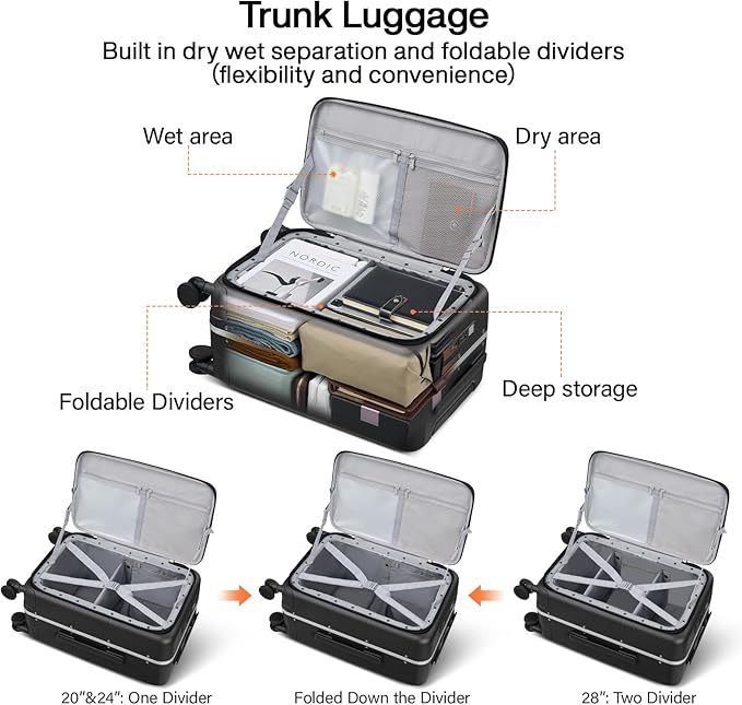 Hanke 28 Inch Luggage with Cup Holder and Charge,Top Opening Hard Shell Suitcases with Wheels and Dividers,Aluminum Frame Trunk Luggage Extra Large Suitcase with Lock for Travel，Jet Black